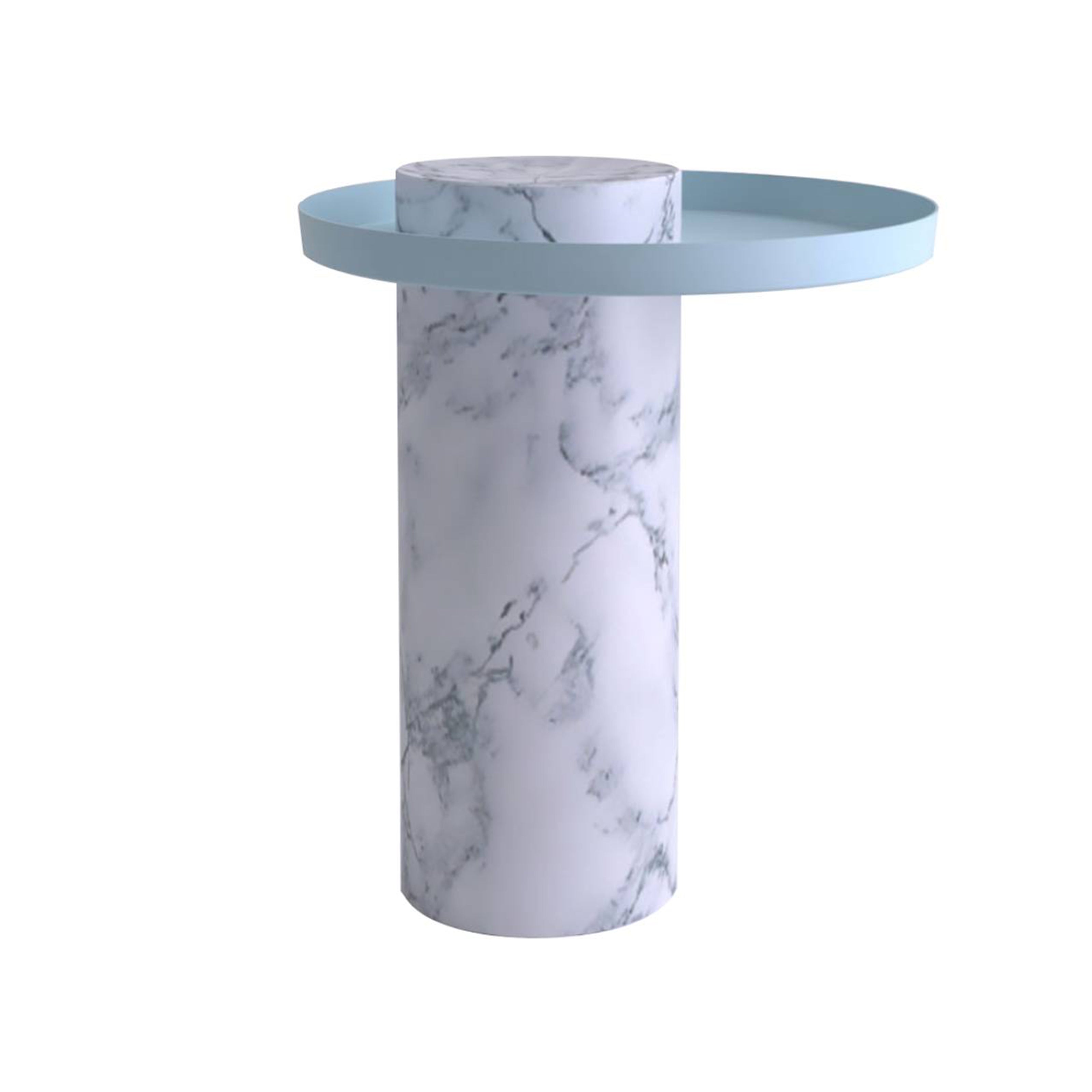 Salute Side Table: Medium + White Pele de Tigre Marble + Light Blue