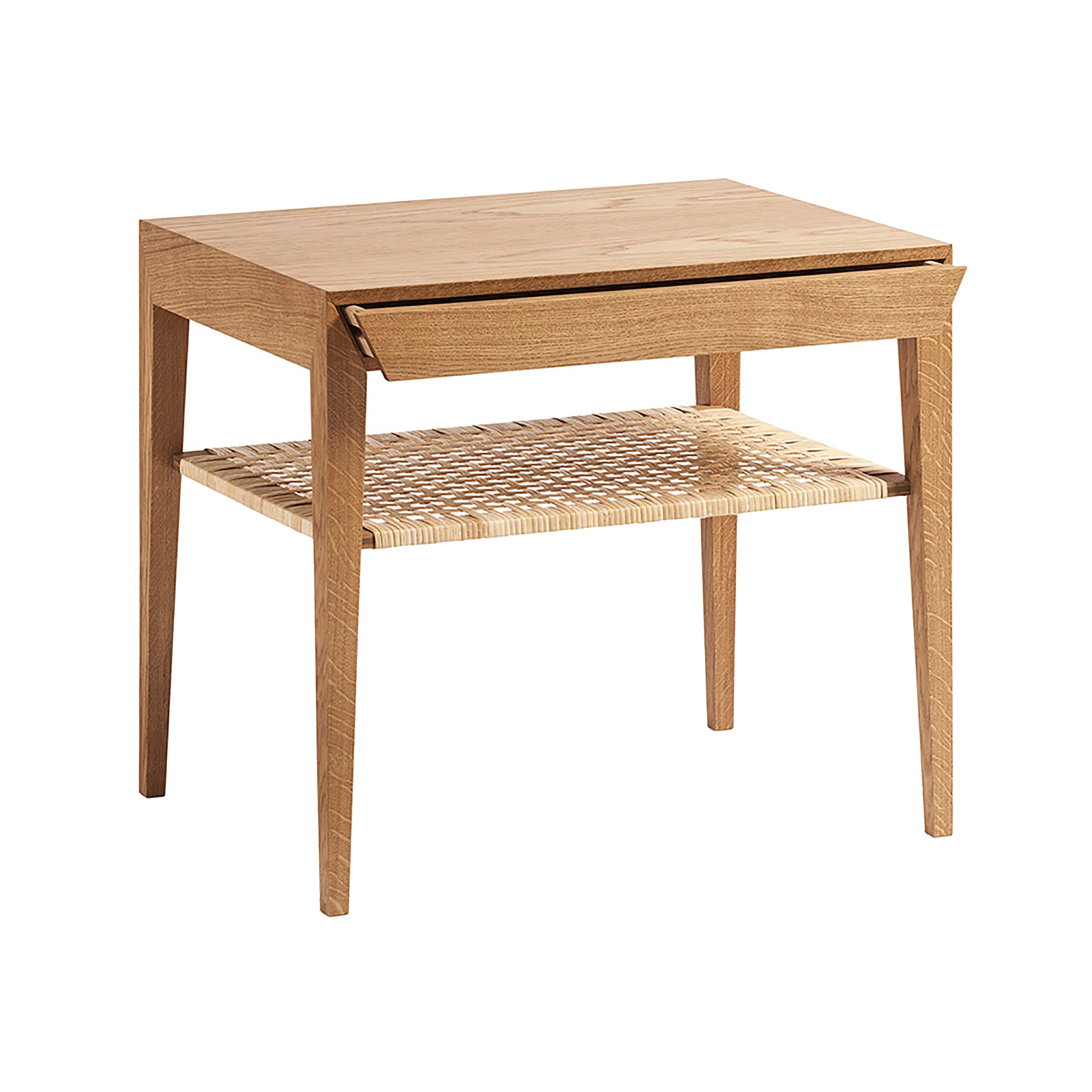 Margrethe Bedside Table: Oak + With Cane Shelf