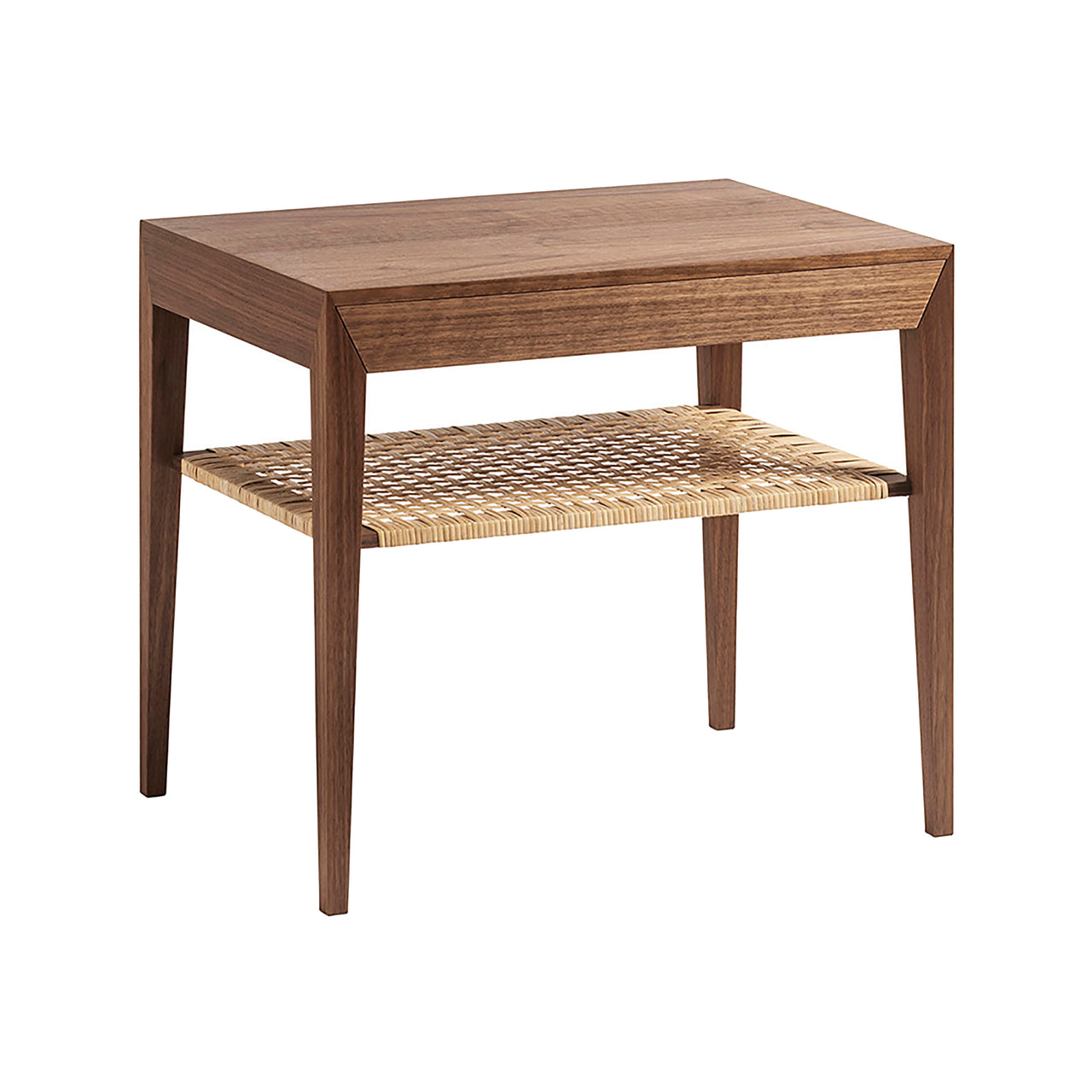 Margrethe Bedside Table: Walnut + With Cane Shelf