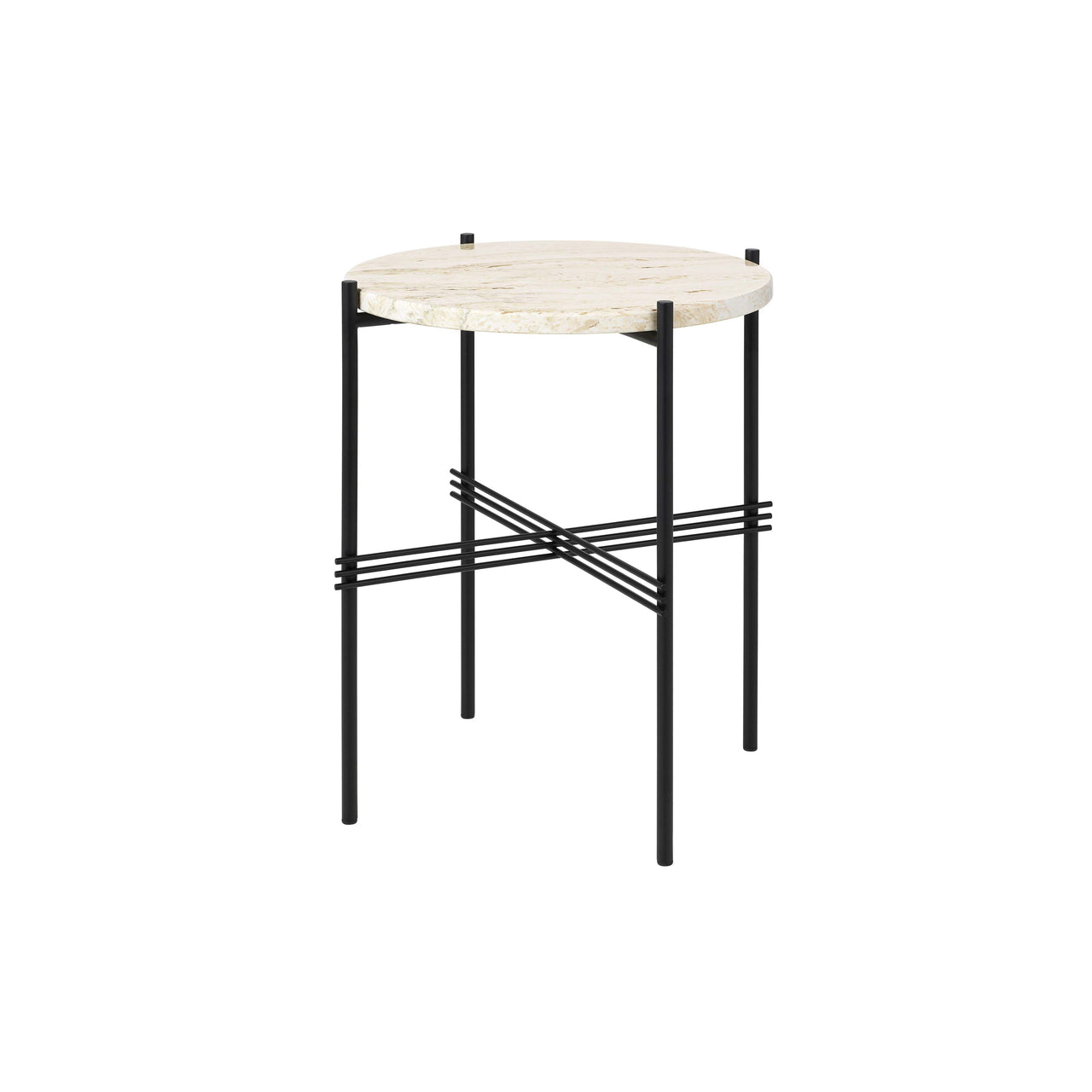 TS Round Side Table: Black + Neutral White Travertine