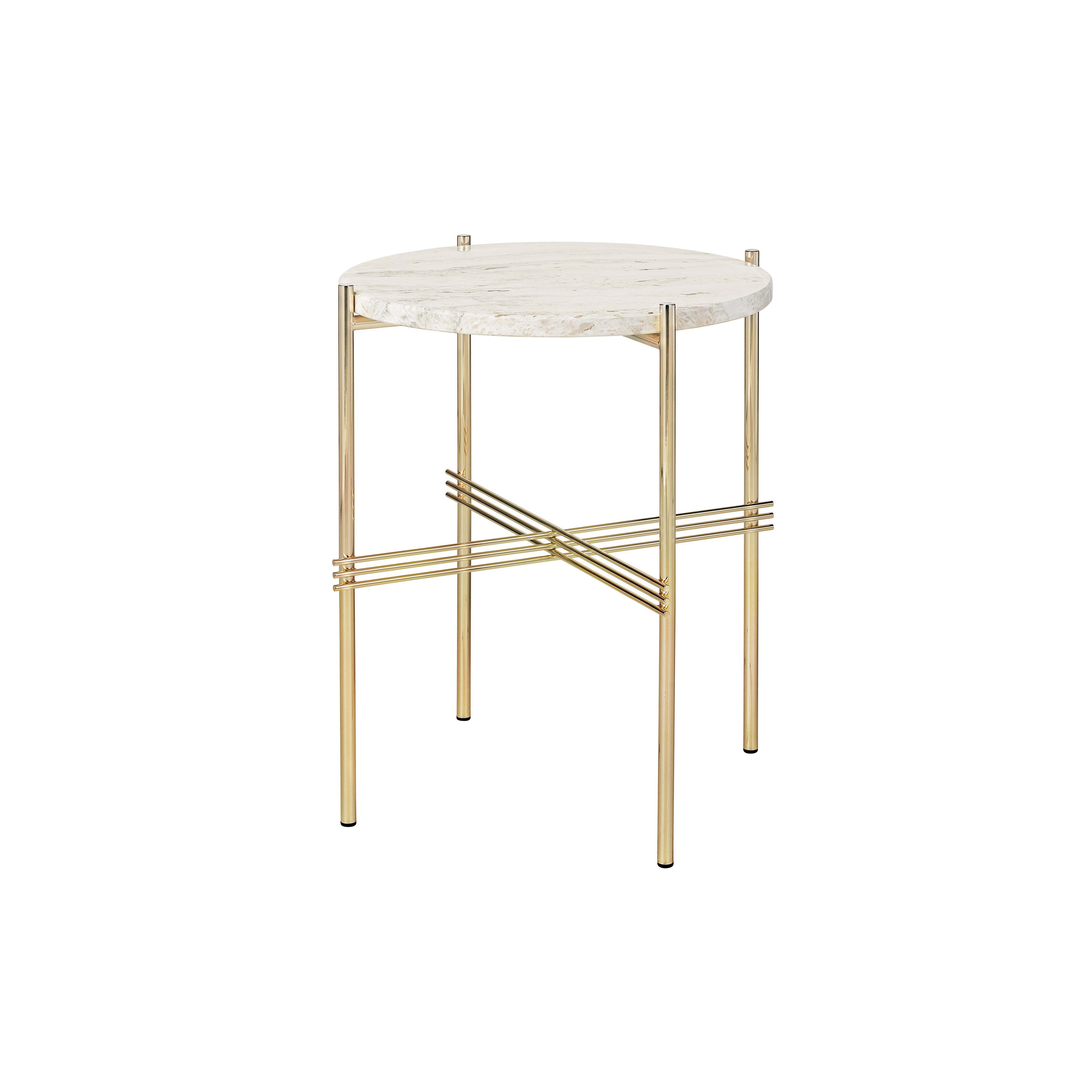 TS Round Side Table: Brass + Neutral White Travertine