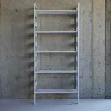 White ladder bookshelf against a concrete wall