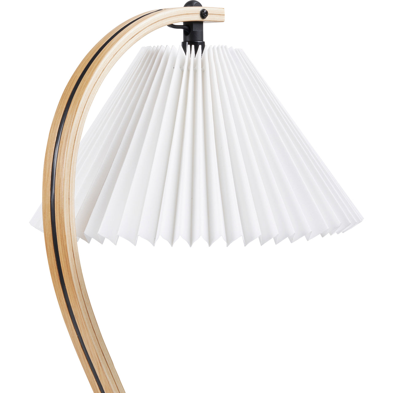 Close-up of a lamp with a white pleated conical shade hanging from a curved light wood arm with a dark stripe
