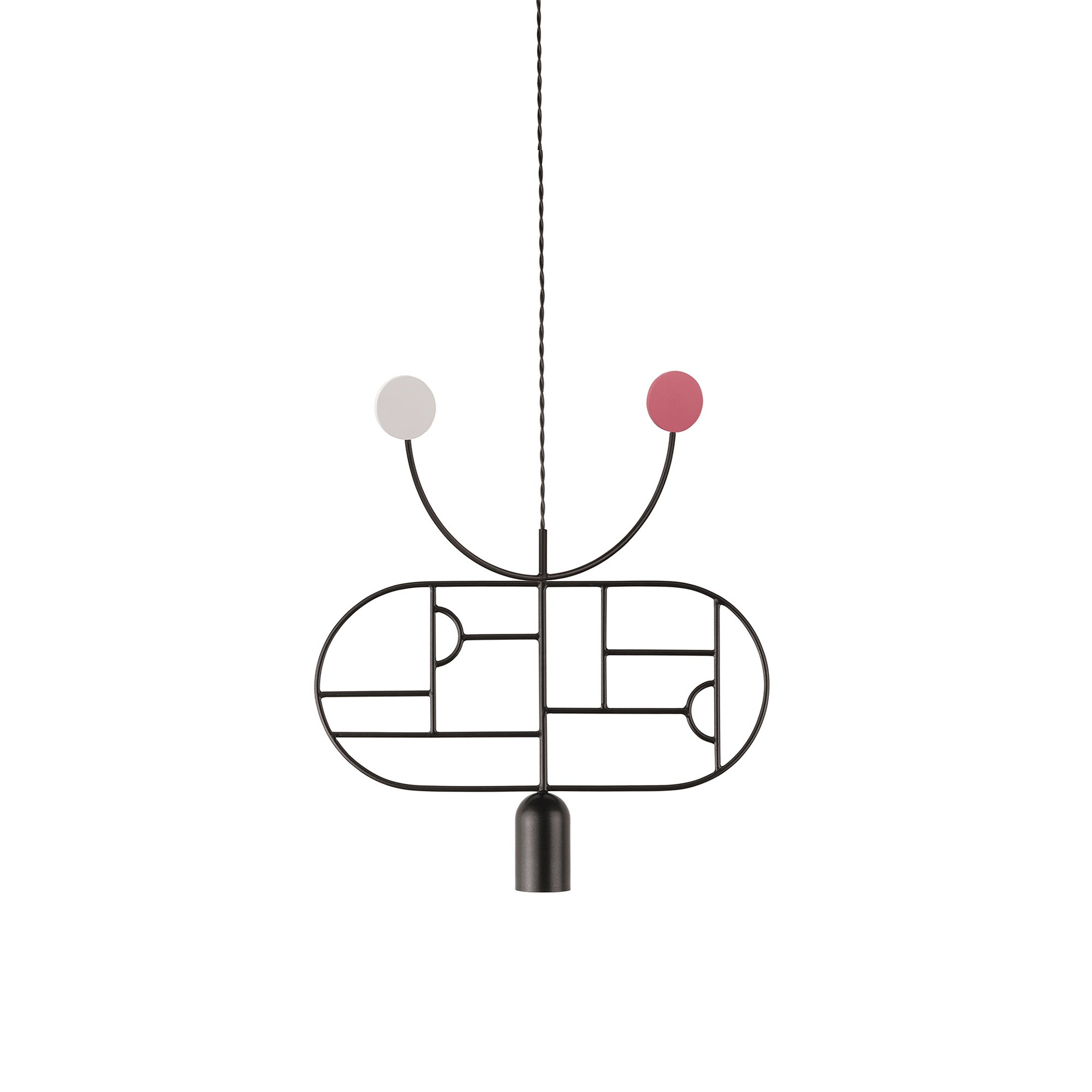 Wooden Dots Suspension Lamp with Stem: Horizontal Oval + Graphite + 1 Curled Stem + Graphite + Pink + Red
