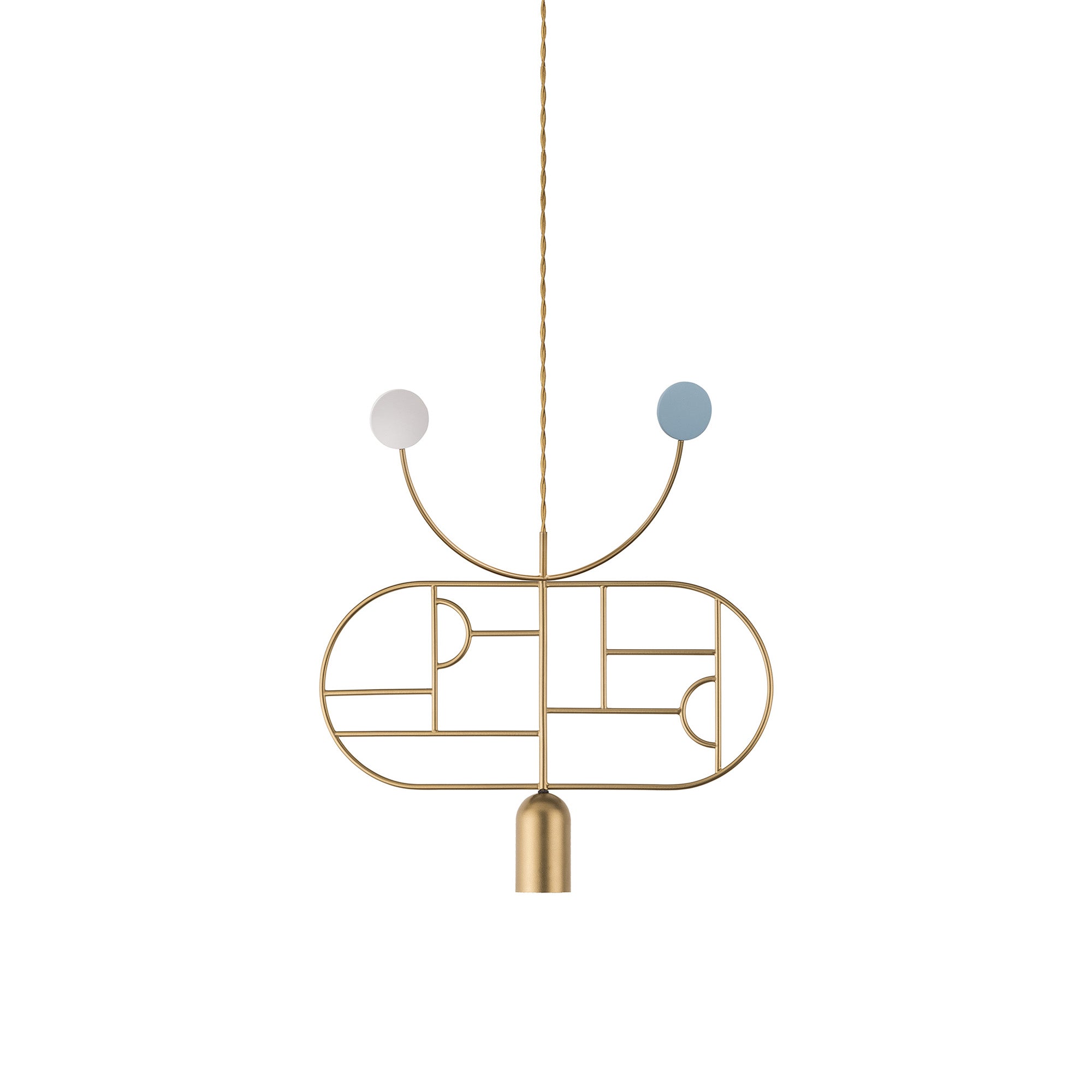 Wooden Dots Suspension Lamp with Stem: Horizontal Oval + Gold + 1 Curled Stem + Gold + Blue + White