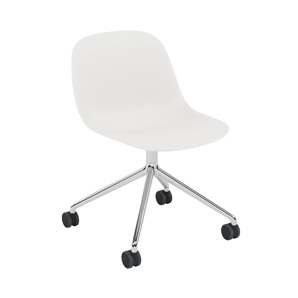 Fiber Side Chair: Swivel Base with Castors + Recycled Shell + Polished Aluminum + Black + Natural White