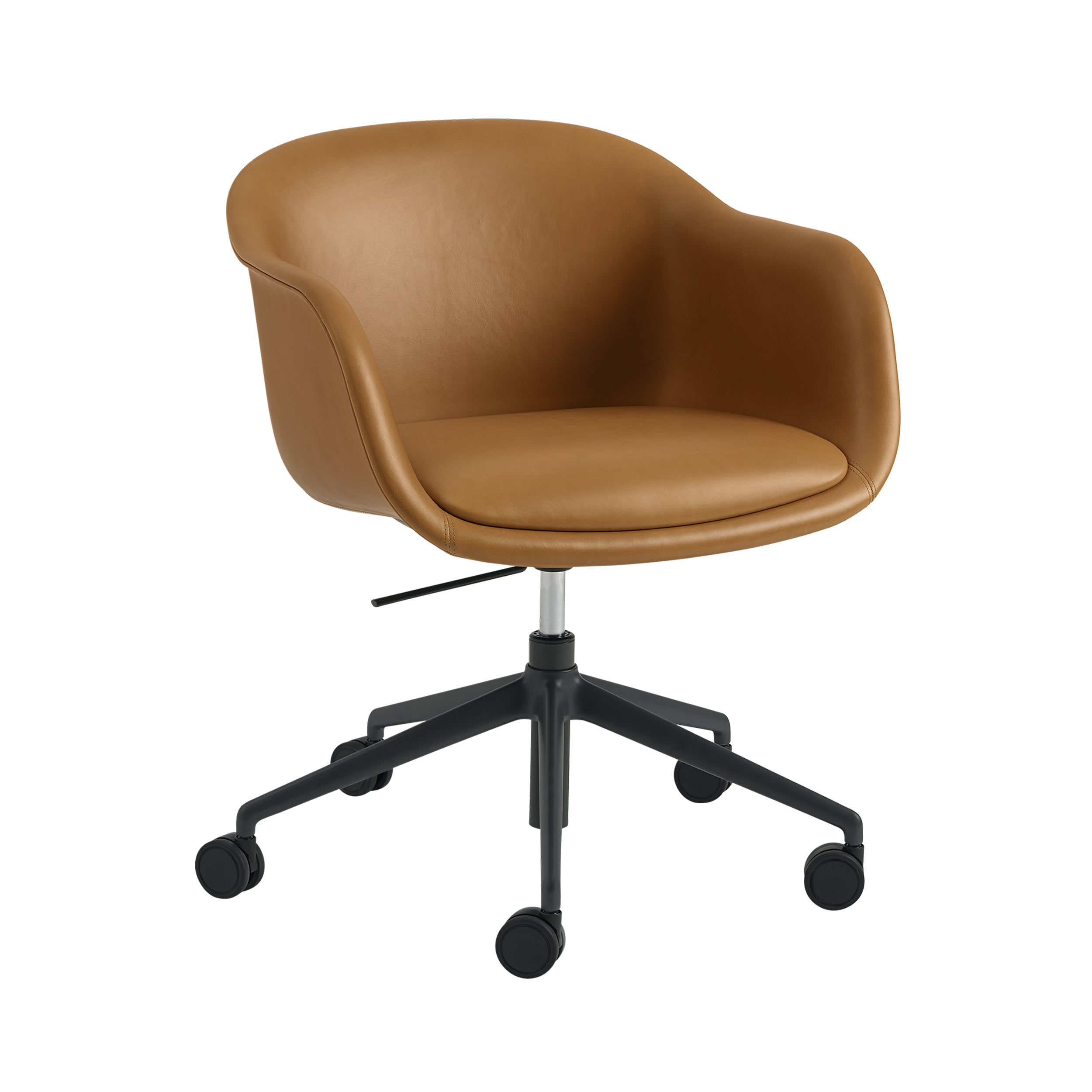 Fiber Conference Armchair: Swivel Base with Castors + Gaslift + Tilt + Recycled Shell + Anthracite Black + Refine Leather Cognac