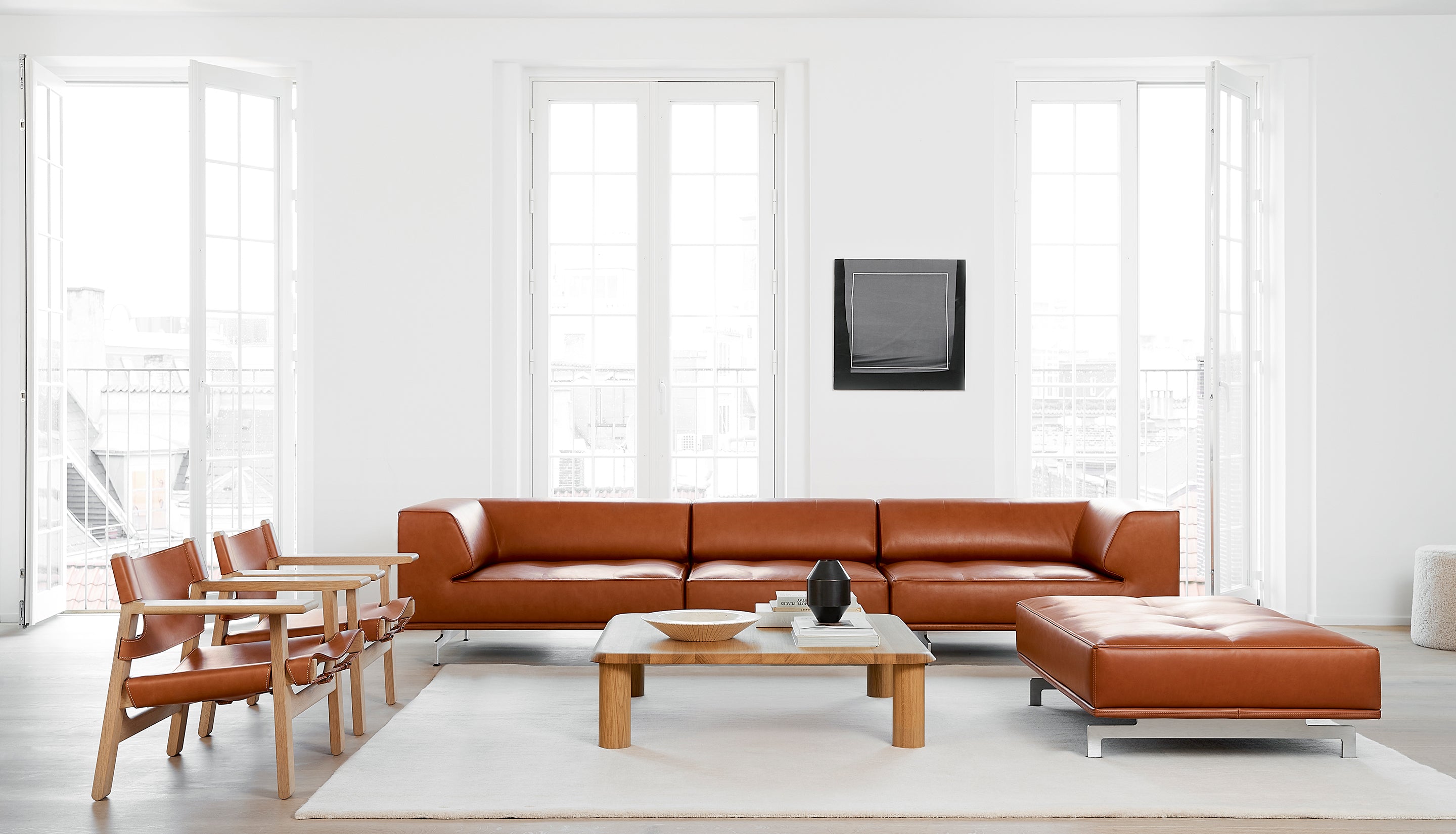 Brown leather furniture in white livingroom