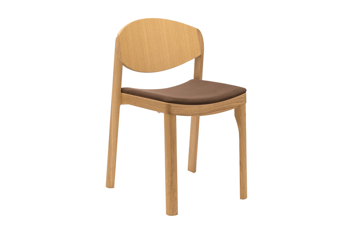 Wooden chair with brown fabric seat against white background