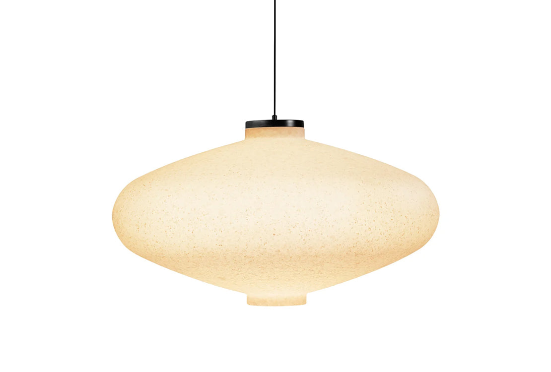 A modern pendant light with a rounded, egg-shaped textured shade in a warm cream color, suspended by a thin black cord against a solid white background.