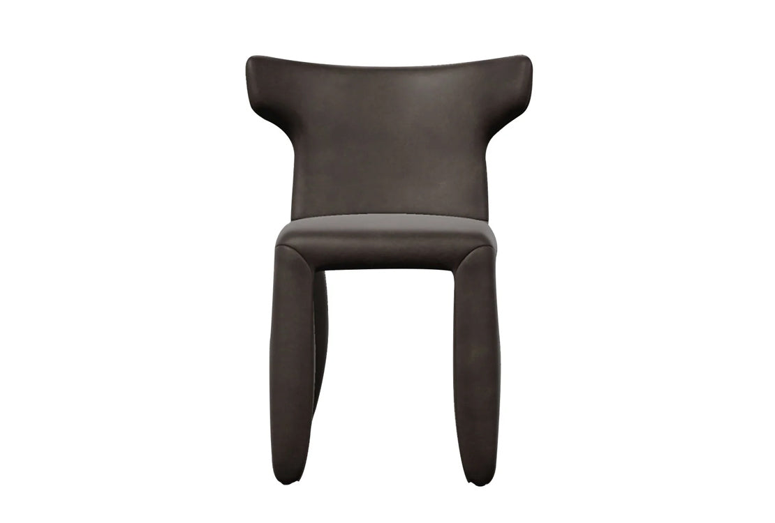 A modern sculptural dining chair upholstered in dark brown leather, shown from the front against a plain white background.