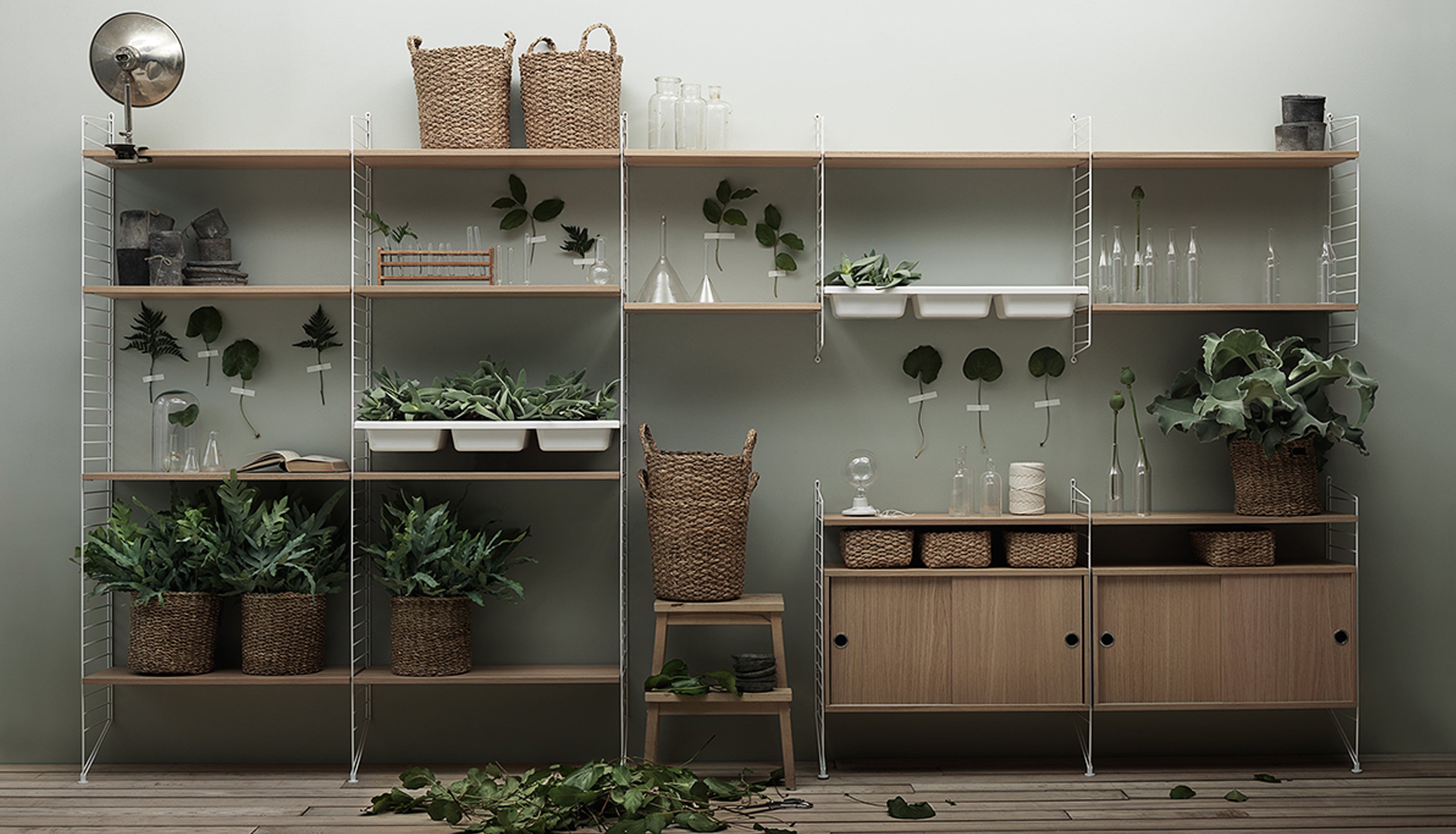 A styled interior scene showing a modular shelving system with light wood shelves, white wire side rails, and a lower cabinet section. The shelves are decorated with multiple green potted plants, woven baskets, glass vases, and small decor items against a muted sage green wall.