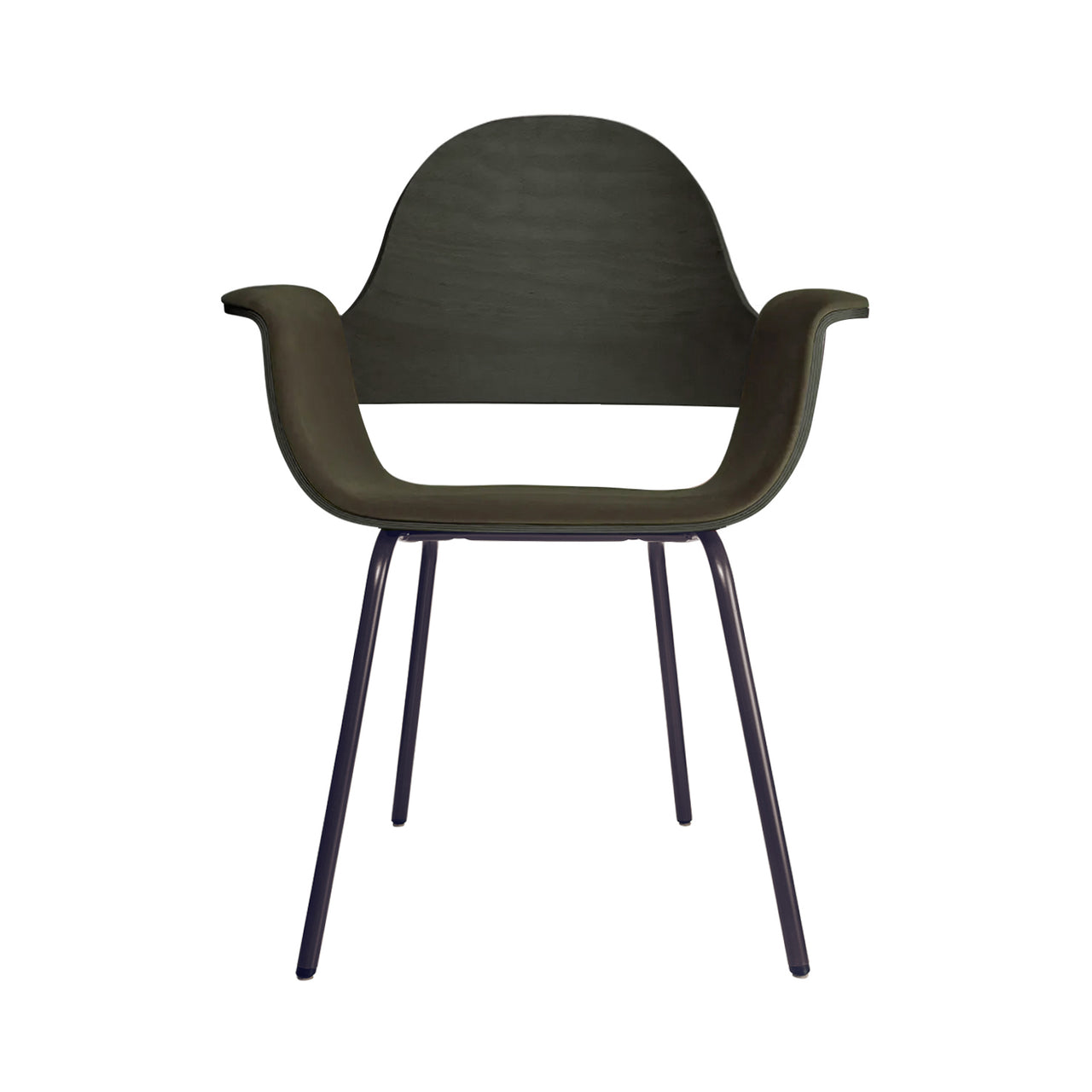 Showtime High Armchair with Metal Base: Seat Upholstered + Stained Black + Bluish Grey + Vintage Leather