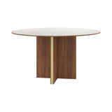 Stockholm Ceramic Round Table: Dekton Natura + Walnut Stained Walnut + Anodised Aluminum Gold