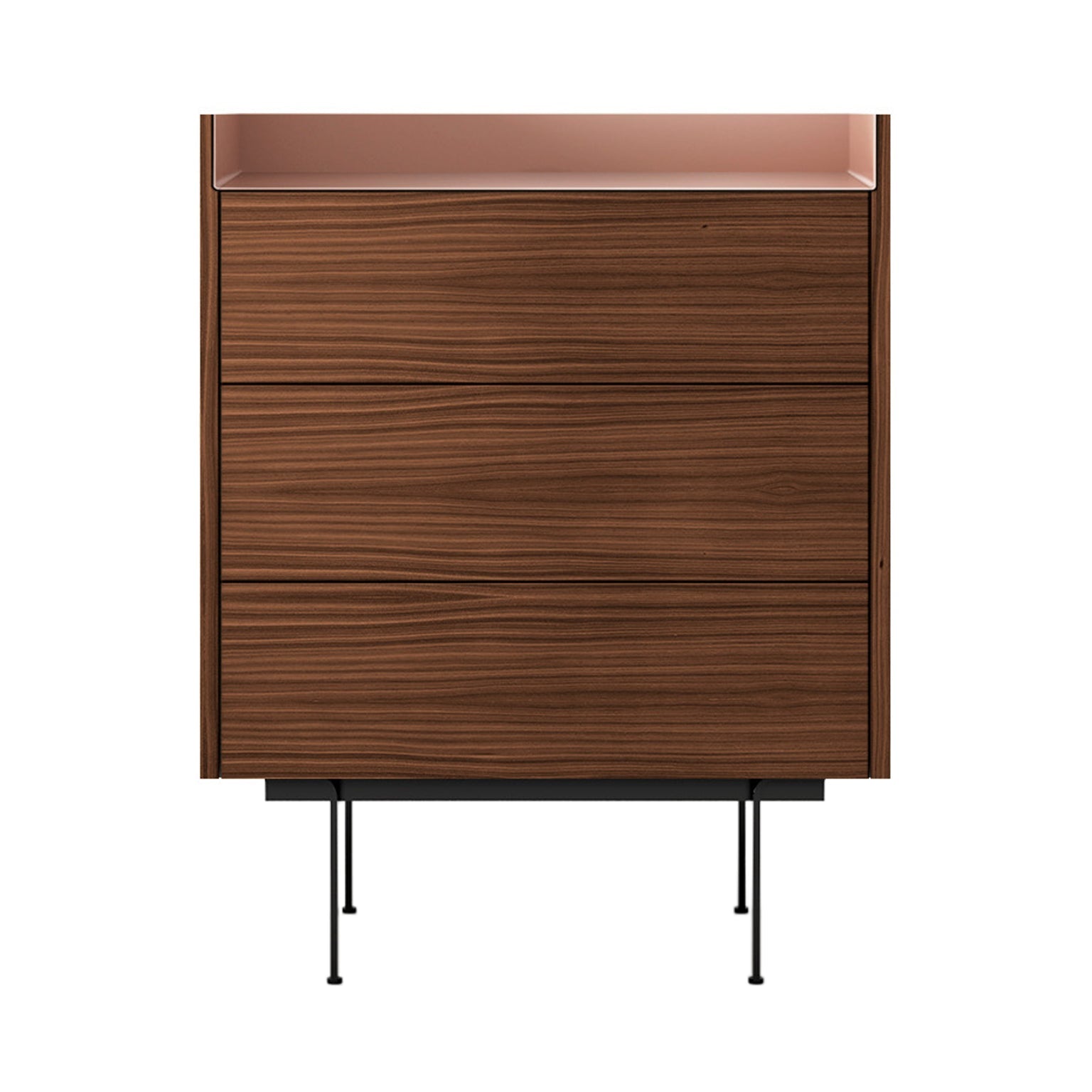 Stockholm STH012 Chest of Drawers: Composition 3 + Walnut Stained Walnut + Anodised Aluminum Pale Rose + Black