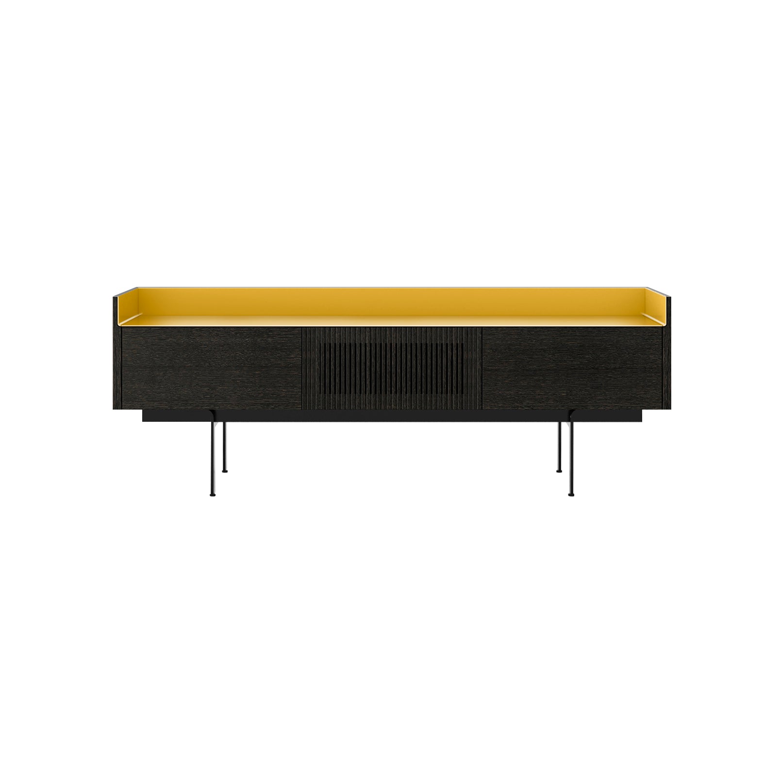 Stockholm STH353 Slim Sideboard: Composition 3 + Dark Grey Stained Oak + Anodized Aluminum Gold + Black