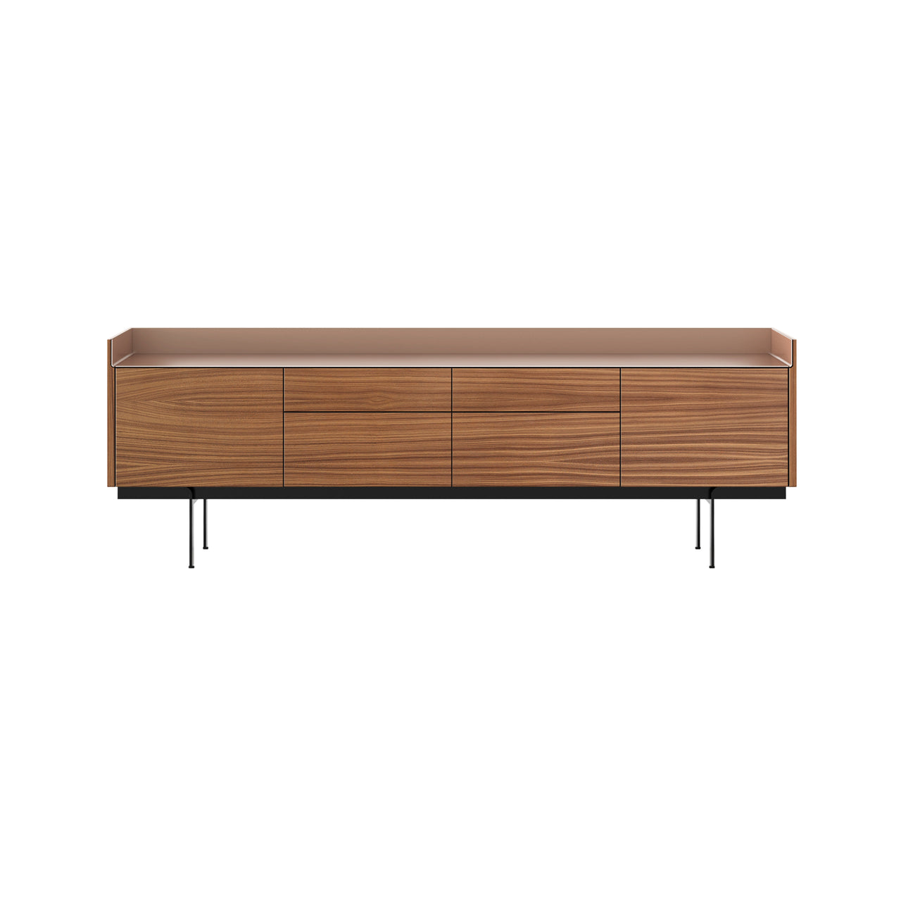 Stockholm STH402 Sideboard: Composition 3 + Walnut Stained Walnut + Anodized Aluminum Pale Rose + Black