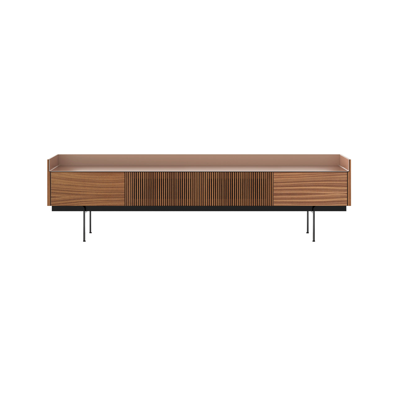 Stockholm STH453 Slim Sideboard: Composition 3 + Walnut Stained Walnut + Anodized Aluminum Pale Rose + Black