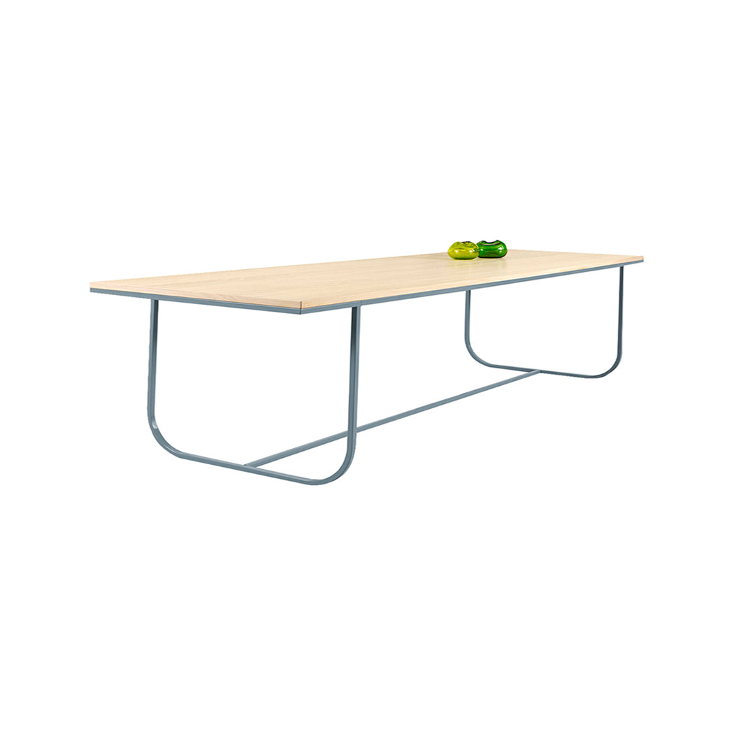 Tati Overhang Dining Table: Small + White Stained Oak + Nordic Blue