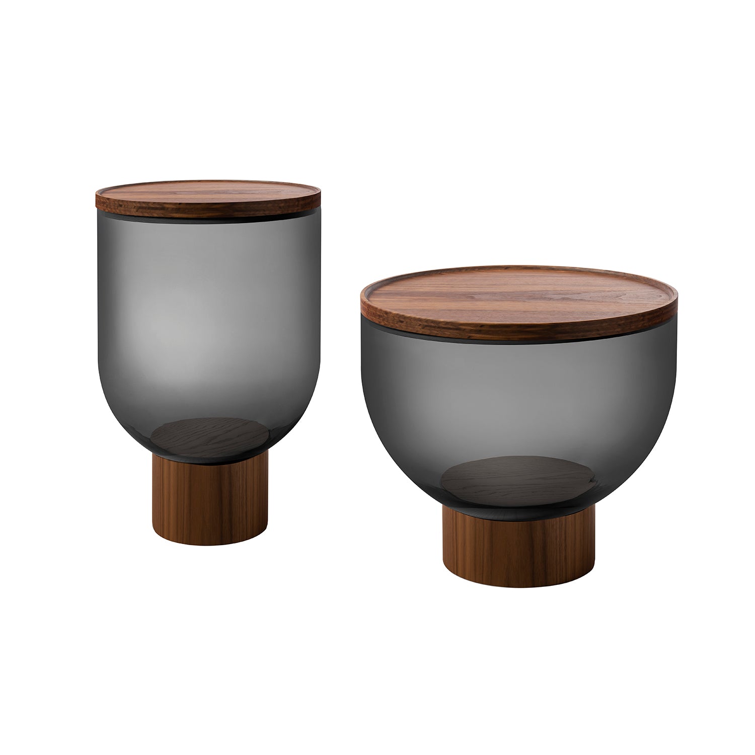 Mastea Side Table: Canaletto Walnut + Smoke Grey Blown Glass