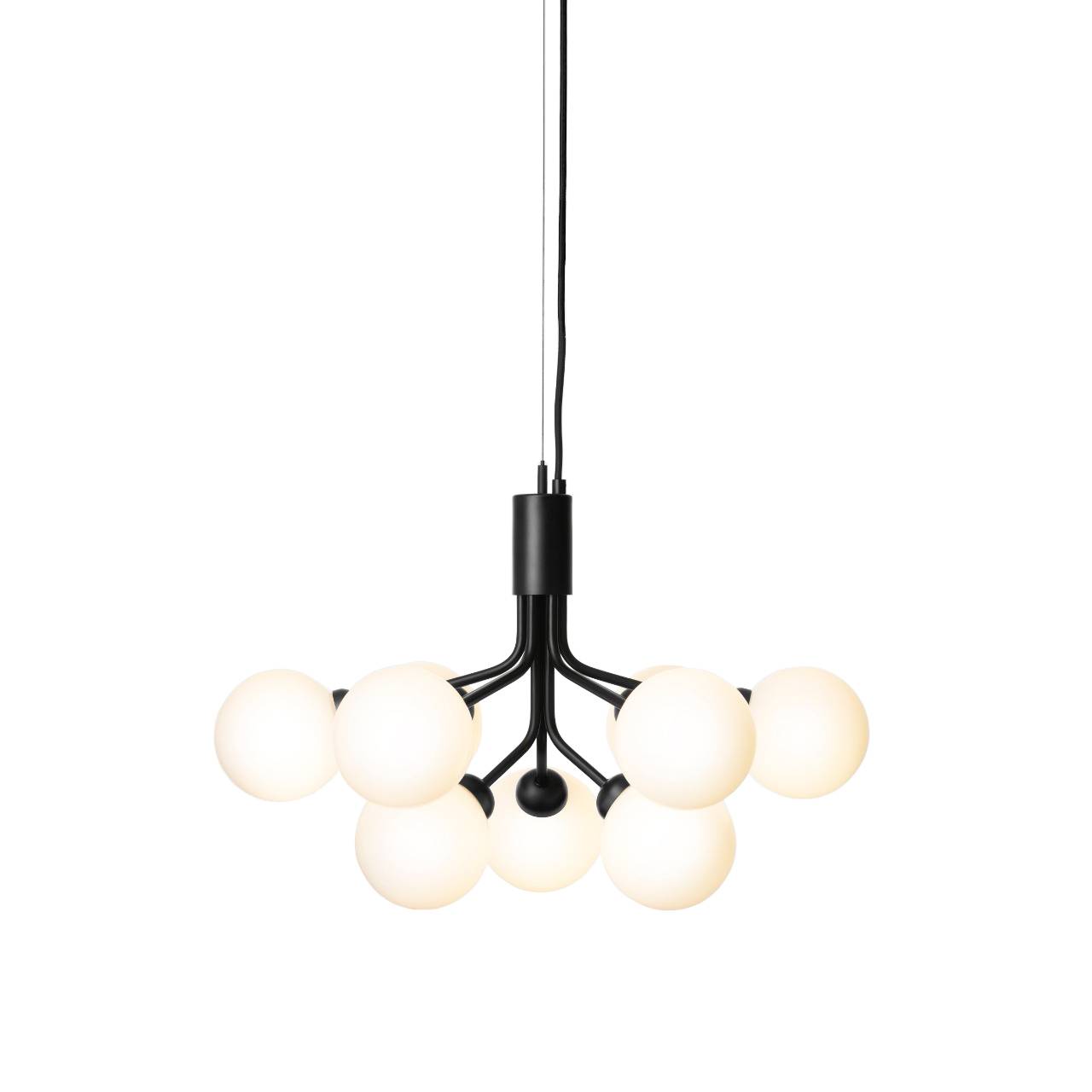 Apiales 9 Chandelier: Satin Black + Opal White + Black