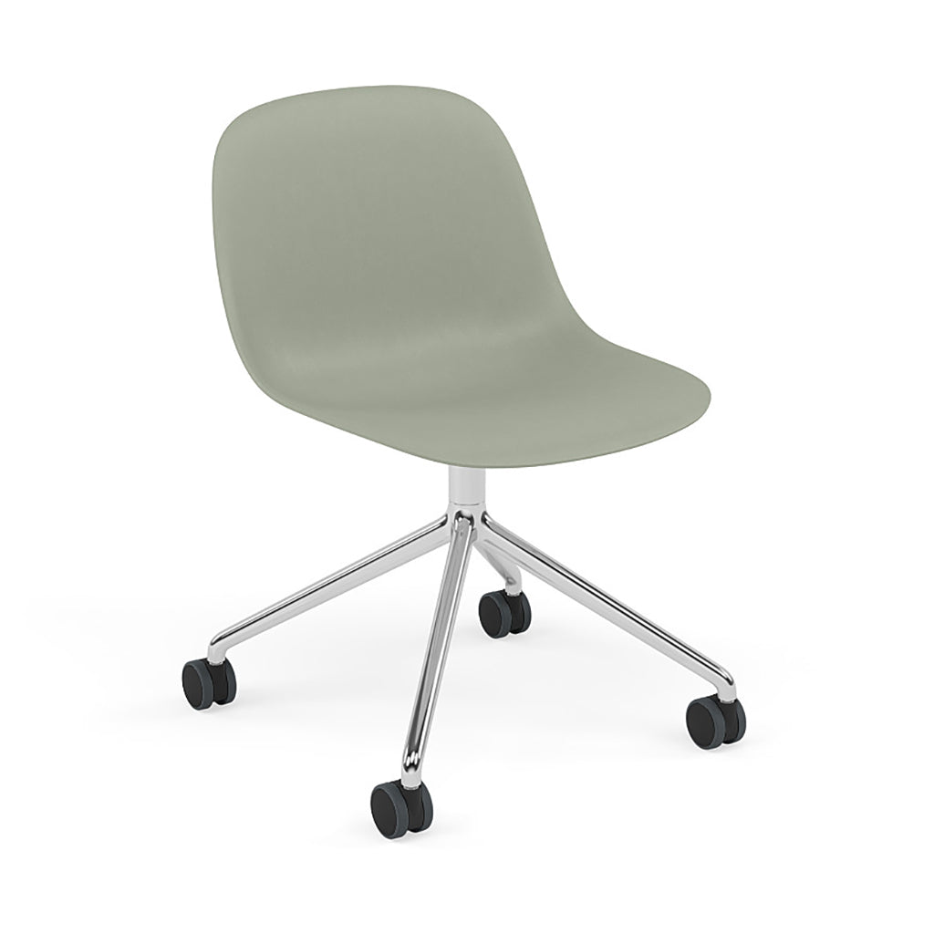 Fiber Side Chair: Swivel Base with Castors + Recycled Shell + Polished Aluminum + Dusty Green