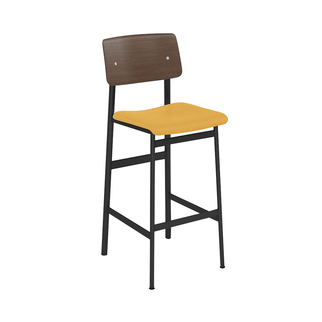 Loft Bar Stool: Upholstered + Black + Stained Dark Brown