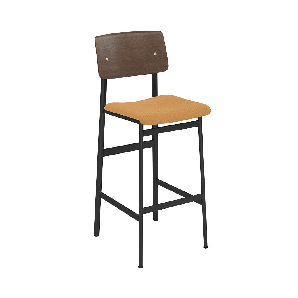 Loft Bar Stool: Upholstered + Black + Stained Dark Brown