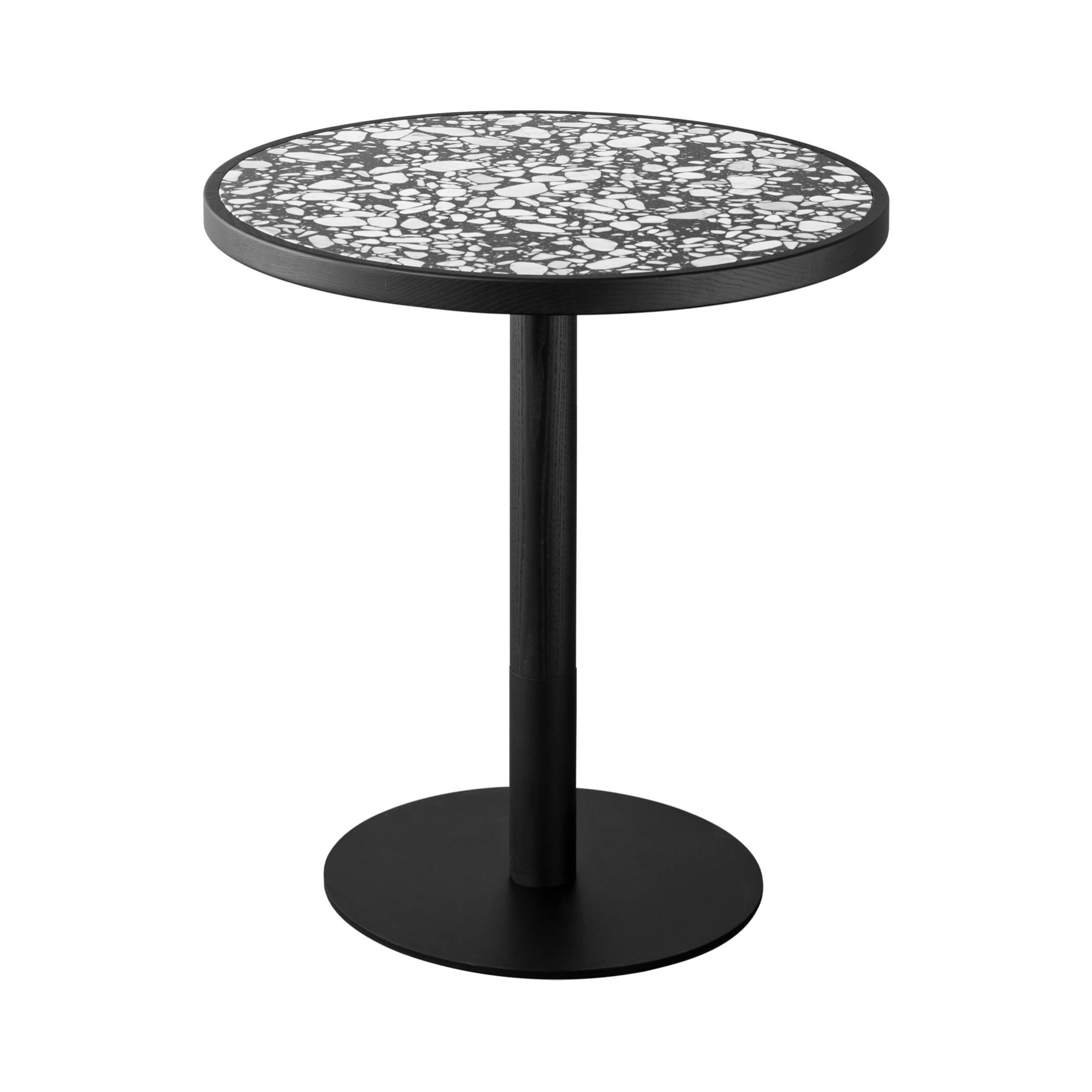 Briscola Bistro Table with Wooden Frame: Round + Palladio Moro Marble + Black Ash + Lacquered Black