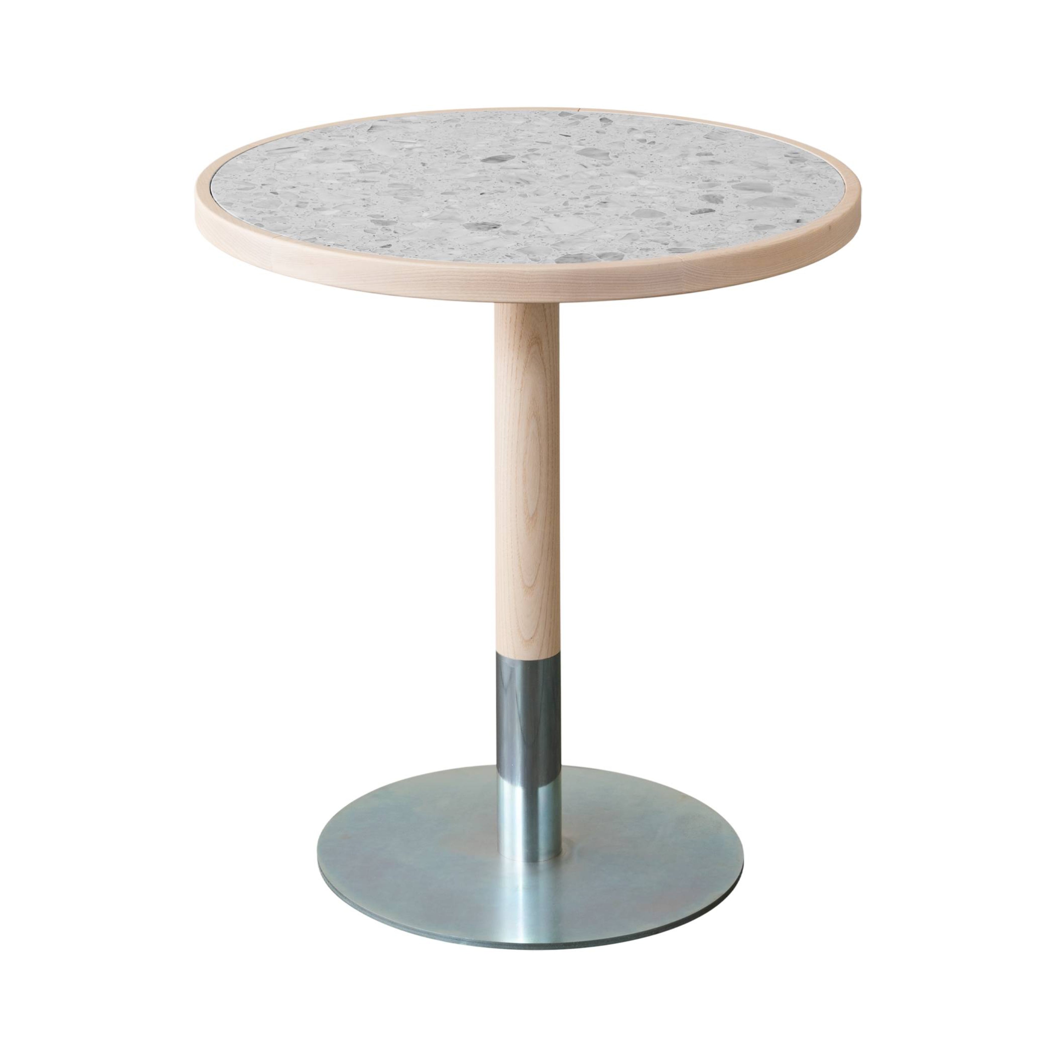 Briscola Bistro Table with Wooden Frame: Round + Palladio Doge Marble + Natural Ash + Zinc-Coated Metal