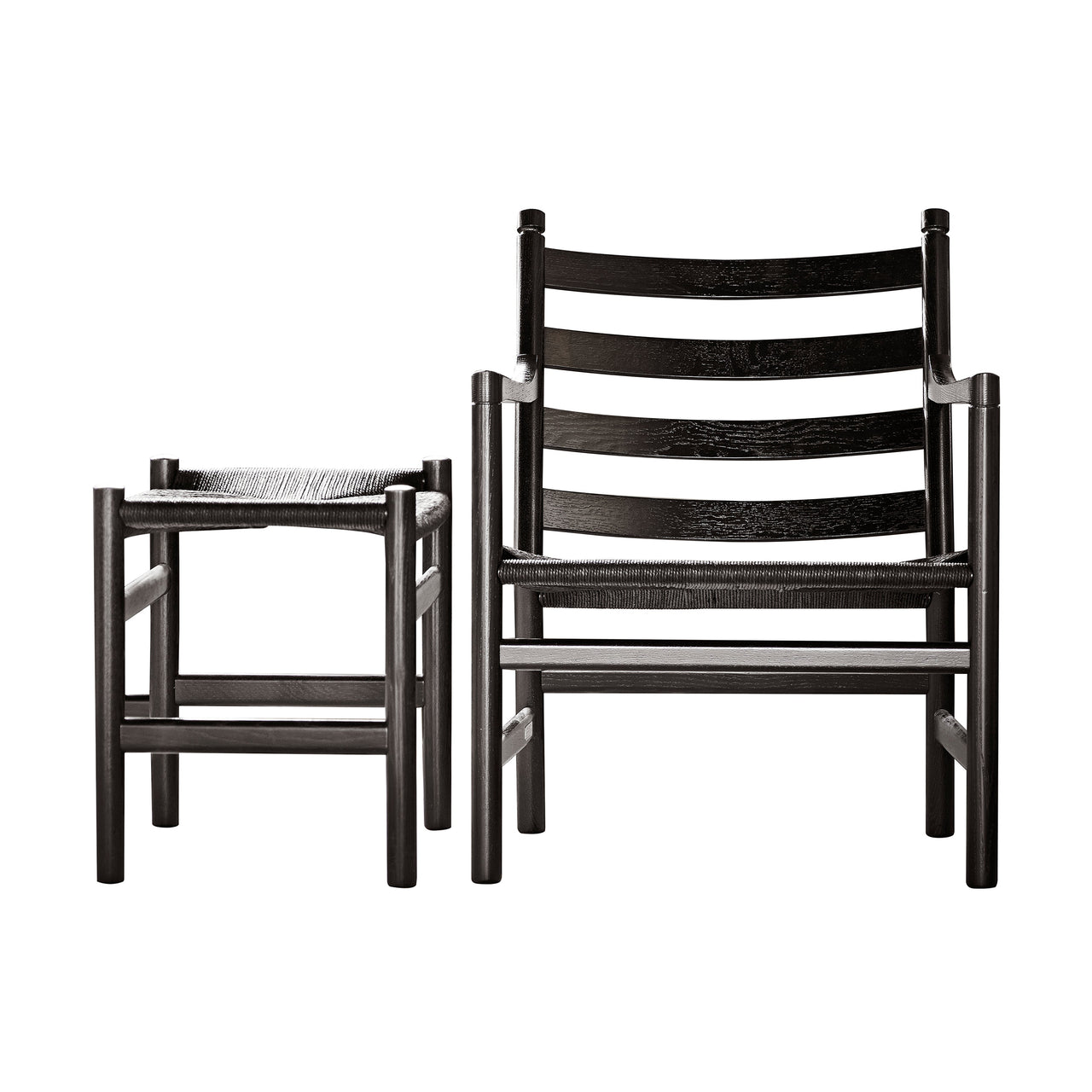 CH44 Lounge Chair with Footstool: Black + Black Oak