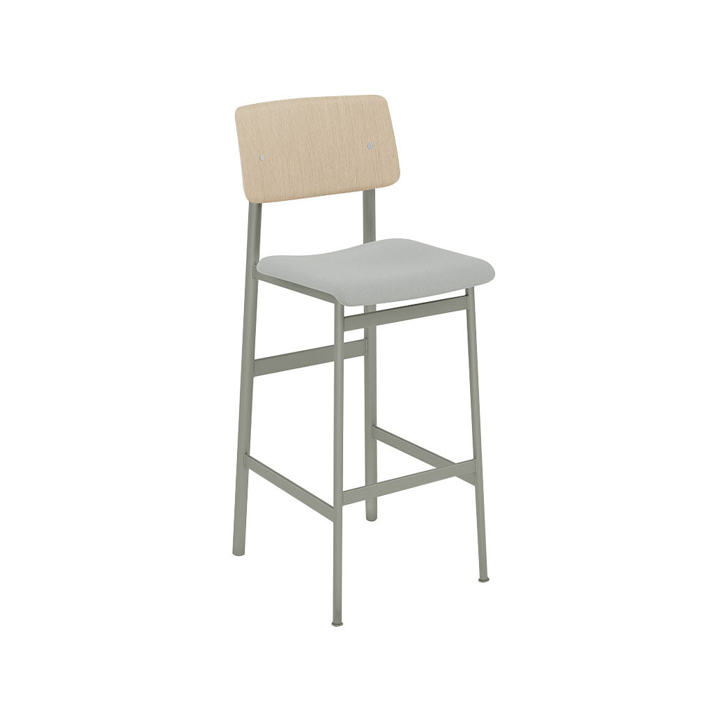 Loft Counter Stool: Upholstered + Dusty Green + Oak