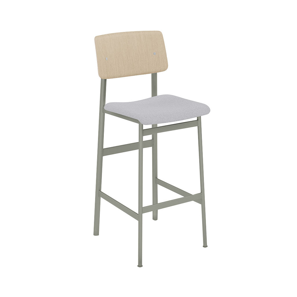 Loft Bar Stool: Upholstered + Dusty Green + Oak