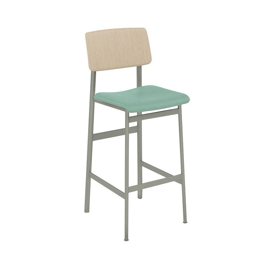 Loft Bar Stool: Upholstered + Dusty Green + Oak