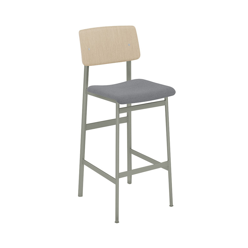 Loft Bar Stool: Upholstered + Dusty Green + Oak