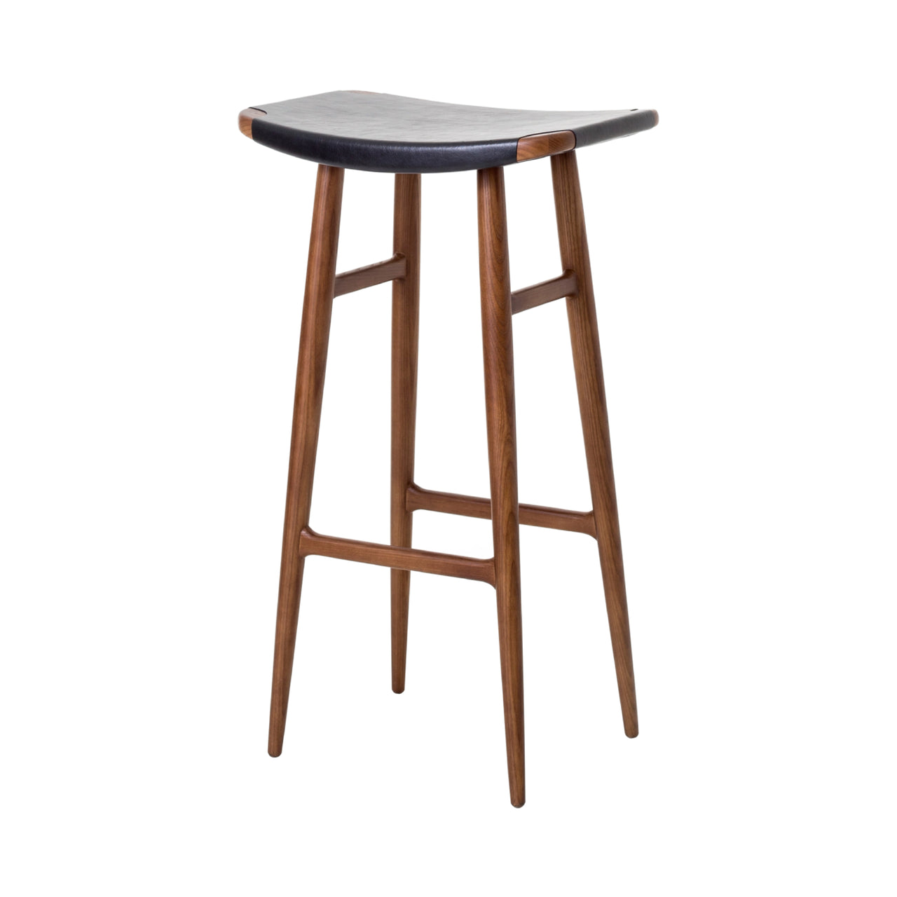 Freja Bar Stool: Natural Walnut + Leather Seat + Black 