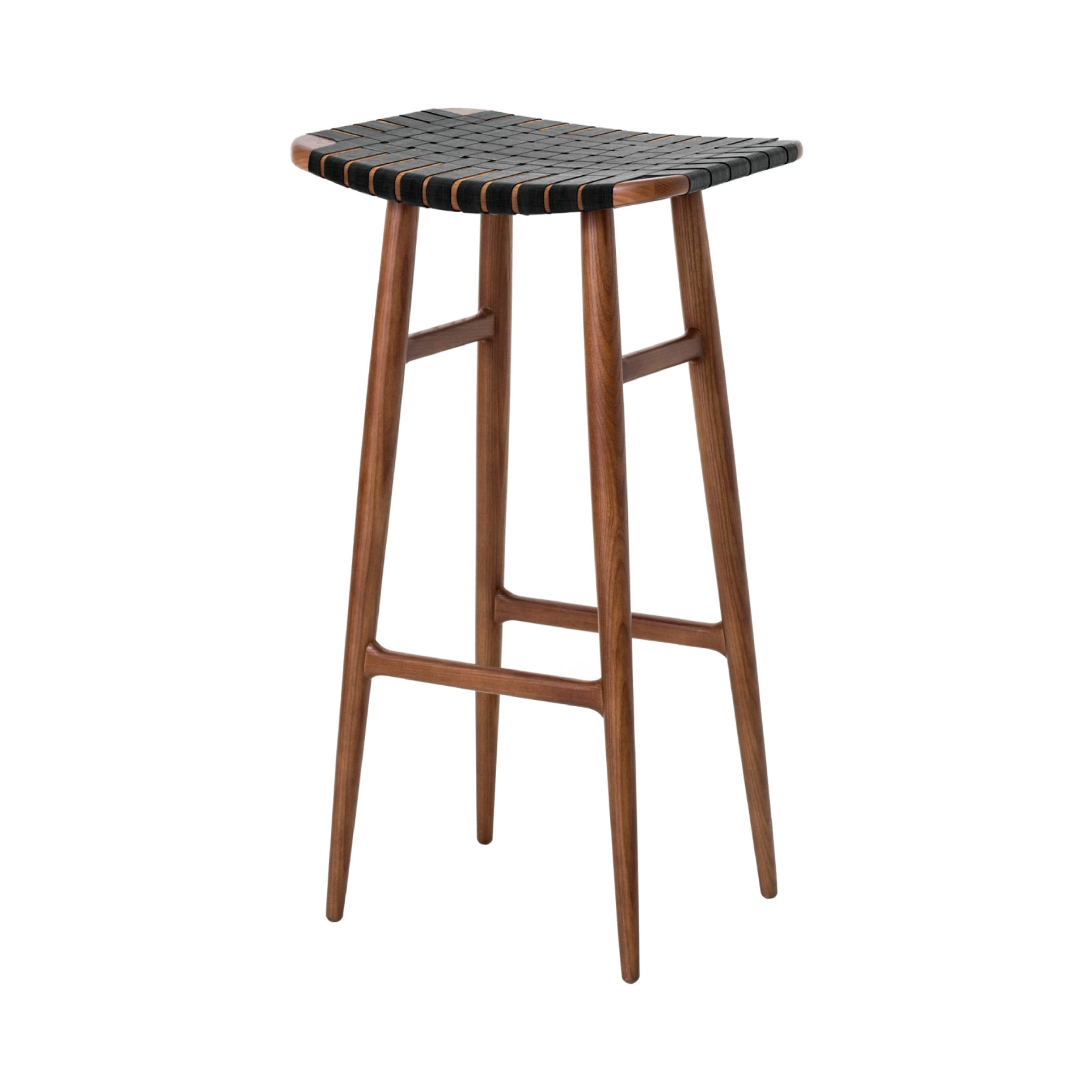 Freja Bar Stool: Natural Walnut + Leather Stripe Seat + Black