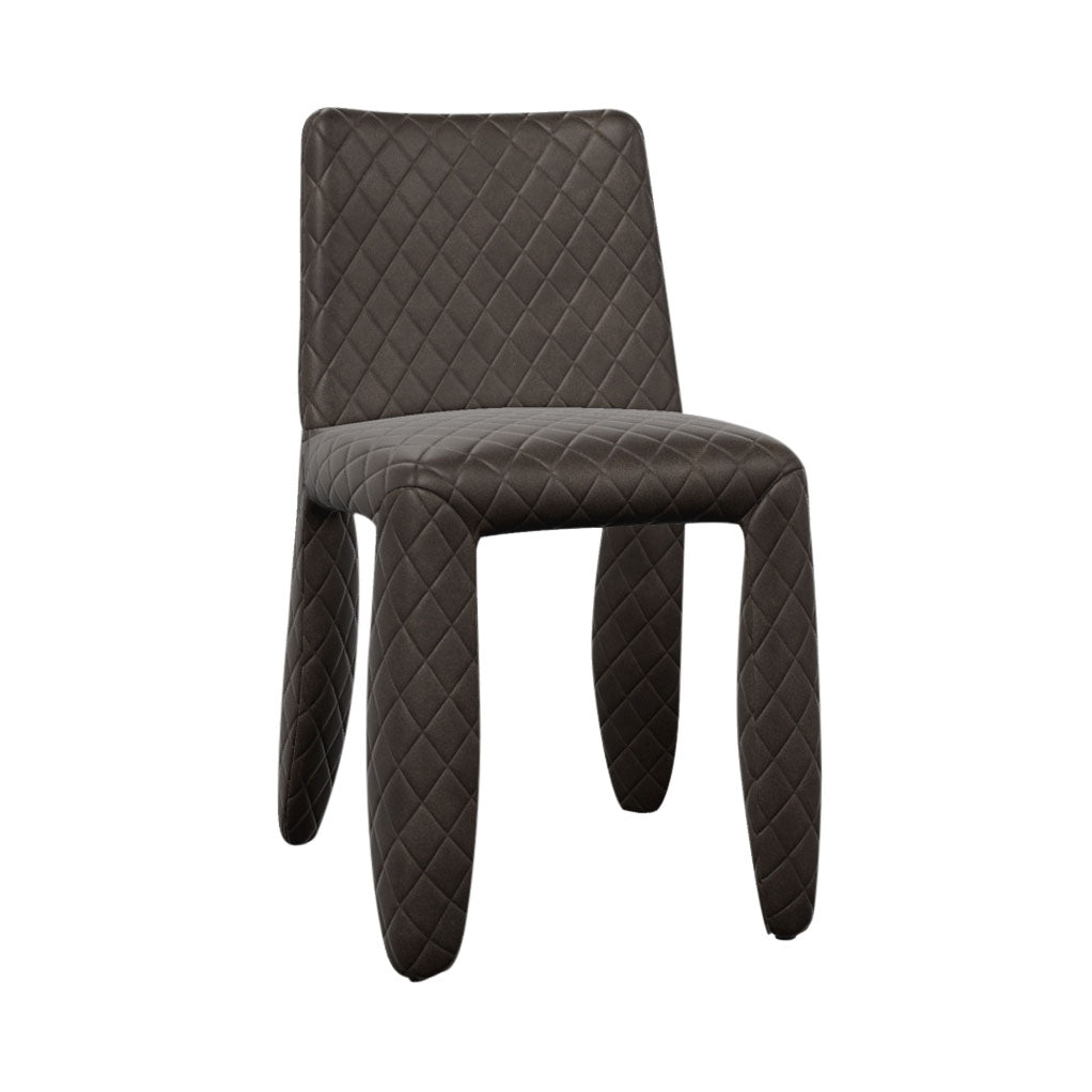 A dark brown dining chair fully covered in diamond-quilted fabric, with thick rounded legs and no armrests