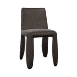 A dark brown dining chair fully covered in diamond-quilted fabric, with thick rounded legs and no armrests