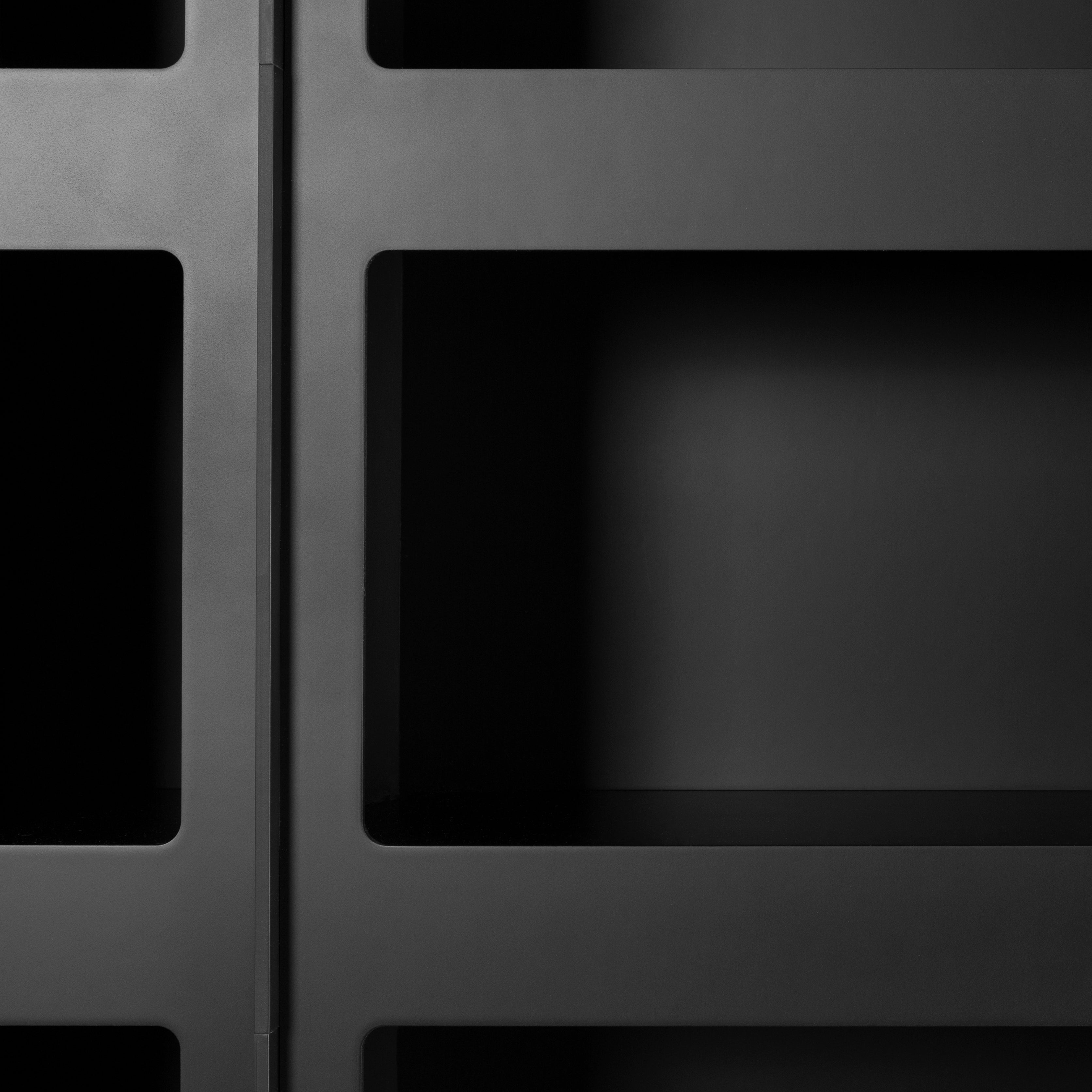 Close-up of black metal cabinet doors with rectangular cutout panels and a narrow seam between them