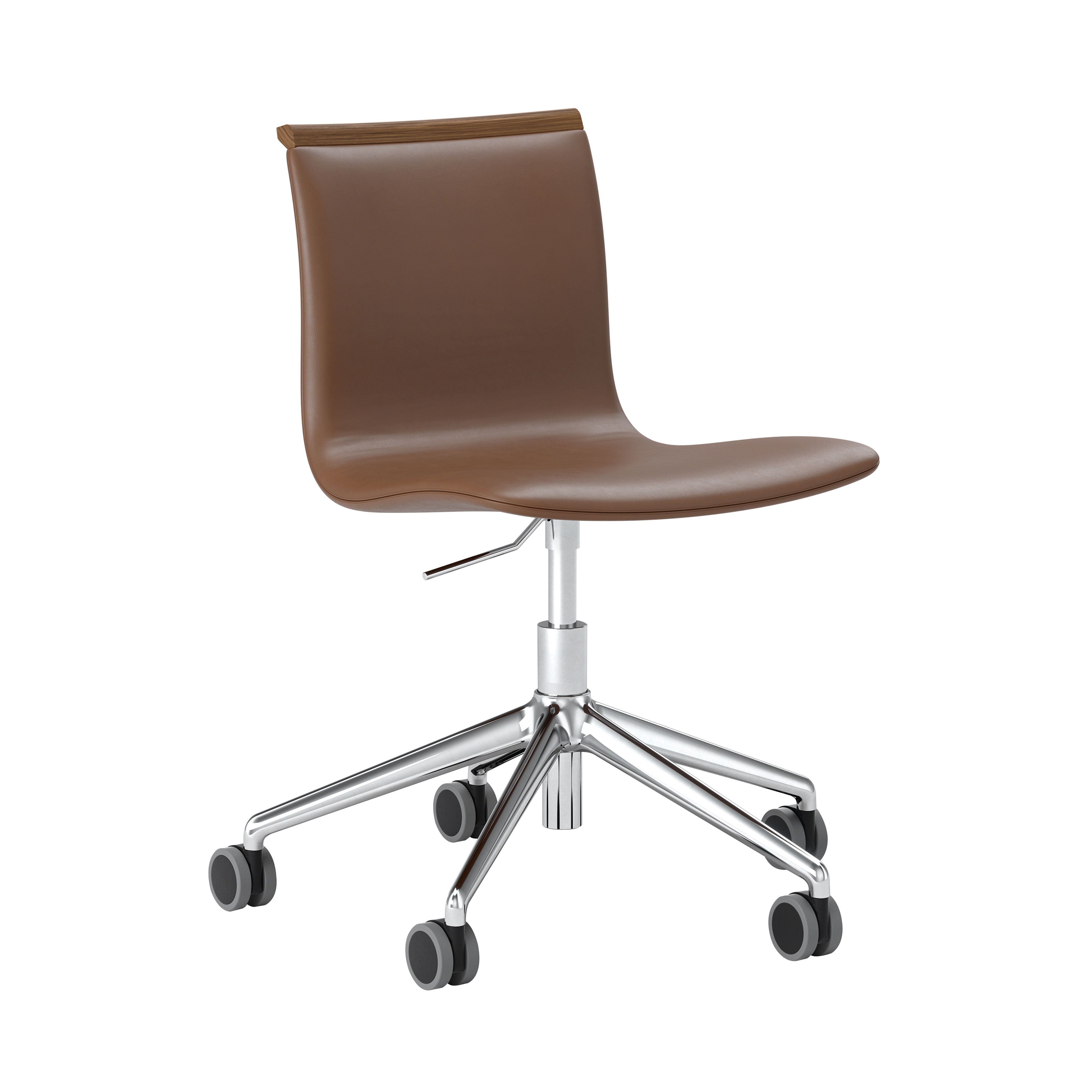 Serif Upholstered Chair: 5 Star Base + Castors + Chrome + Walnut Stained Beech