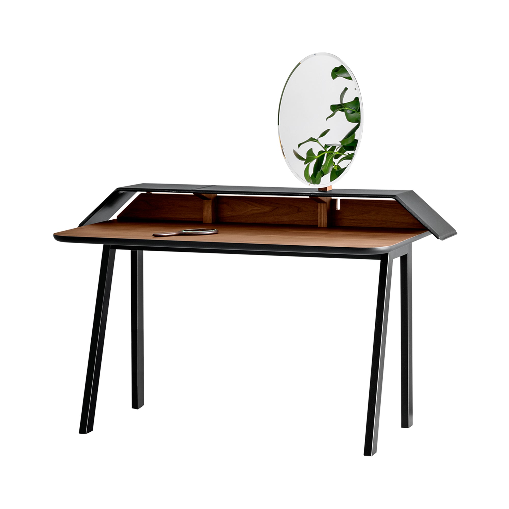 Tolda Desk + Vanity: Canaletto Walnut + Lacquered Black + Black Leather